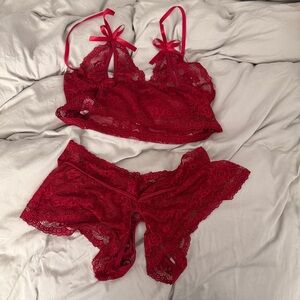 Super sexy soft deep Red Lace Lingerie Set exposed nipple, open bottom